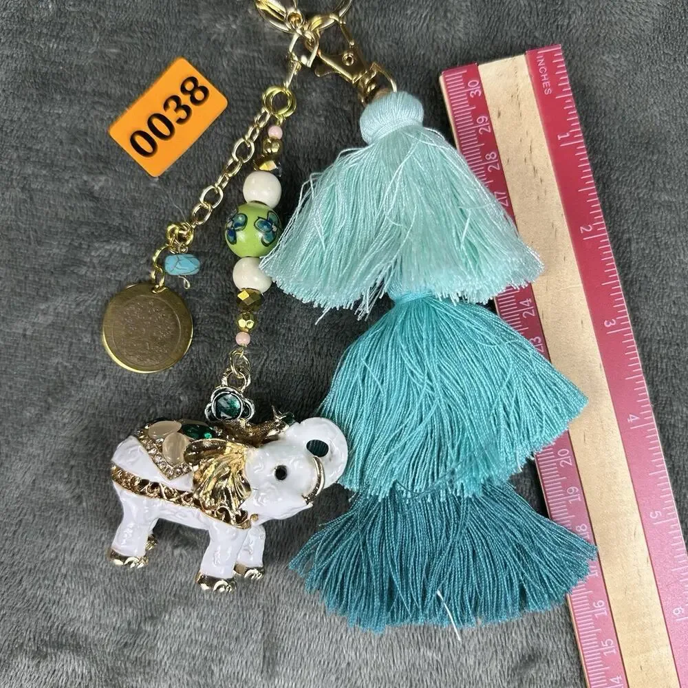 Elephant White Bag charm Keychain Metal enamel Boho Tassel Beading Unique.
